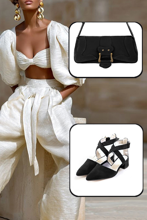 Dress closed-toe heels crossed straps in matt black leather with low flare heels and tapered toe - Worn view